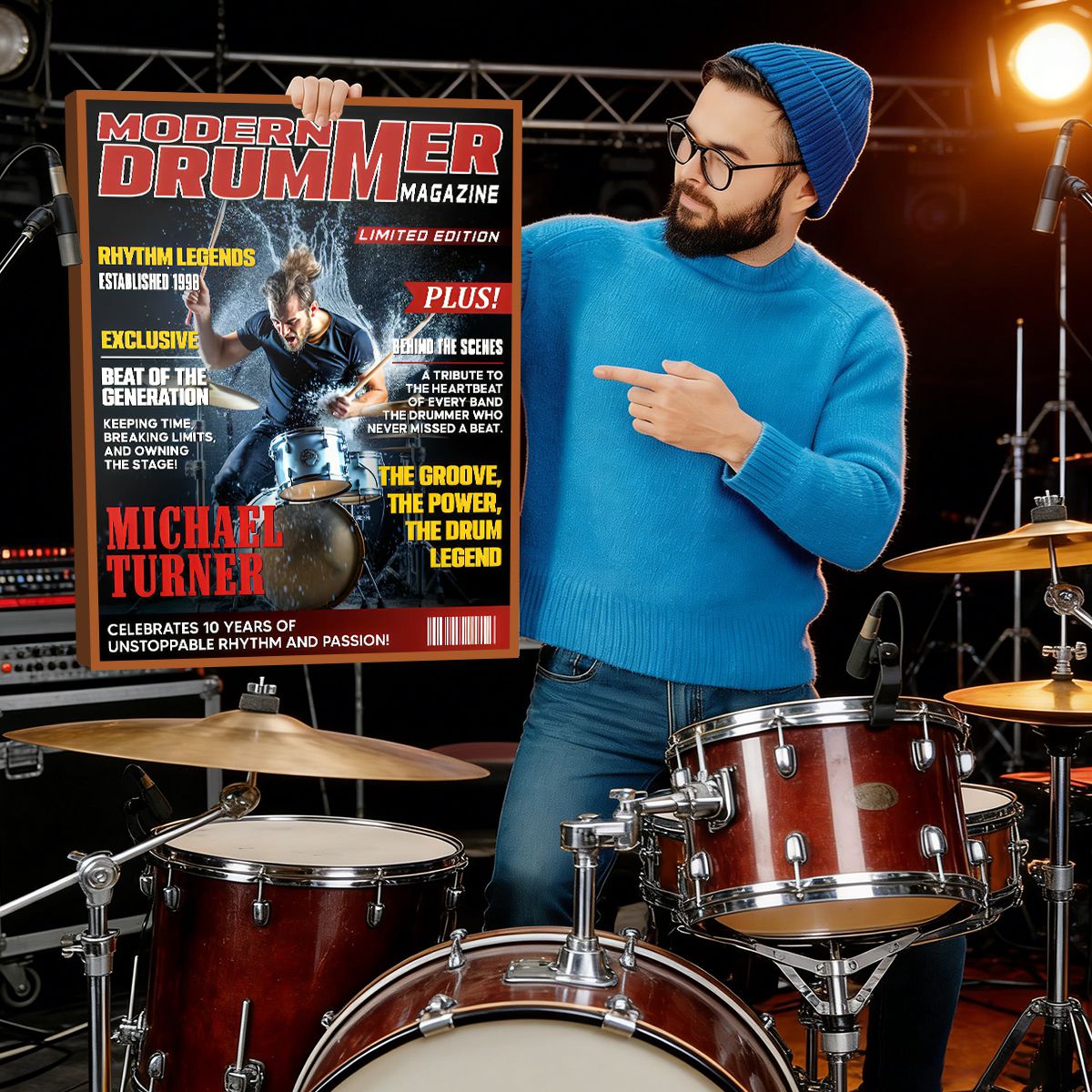 Personalized Modern Drummer Magazine Cover Poster, Cool Gift For Music Lover, Drummer Gift