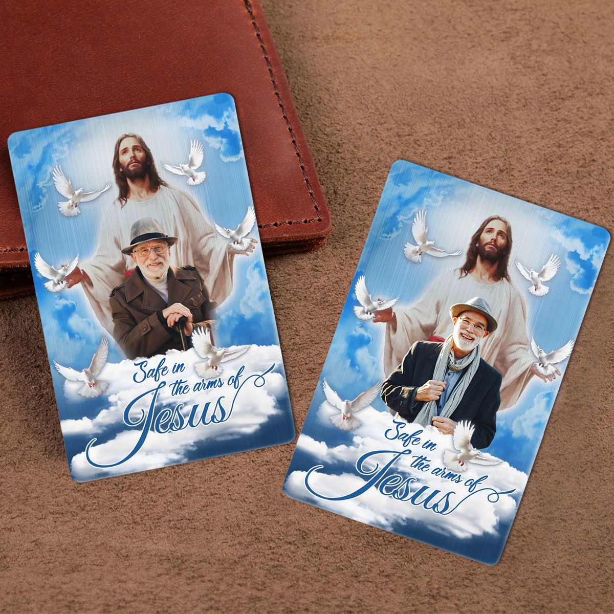 Personalized Blue Sky With Pigeon Safe In The Arms Of Jesus Memorial Wallet Card