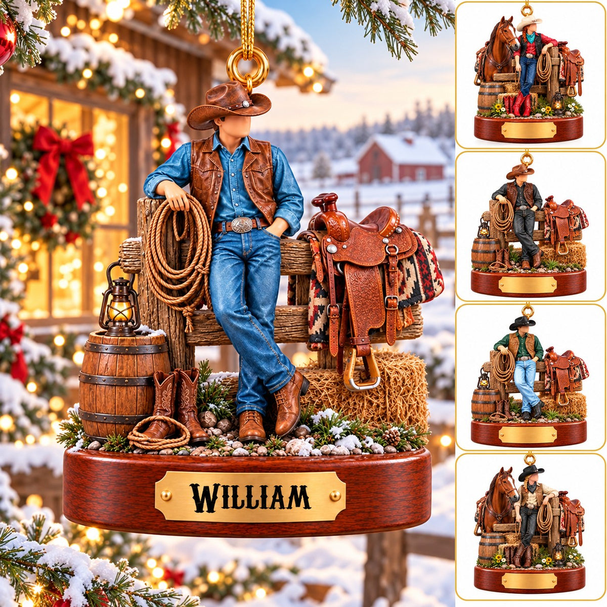 Personalized Cowboy Cowgirl Ornament, Custom Western Christmas Ornament