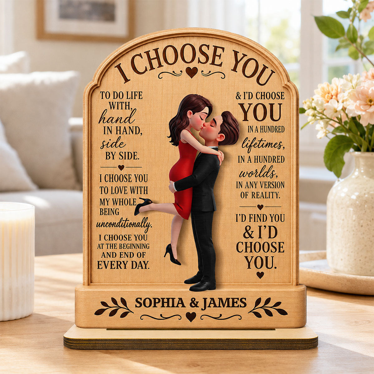 Personalized "I Choose You" Wooden Plaque – Couple Hugging Kissing Design | Anniversary Keepsake For Couples