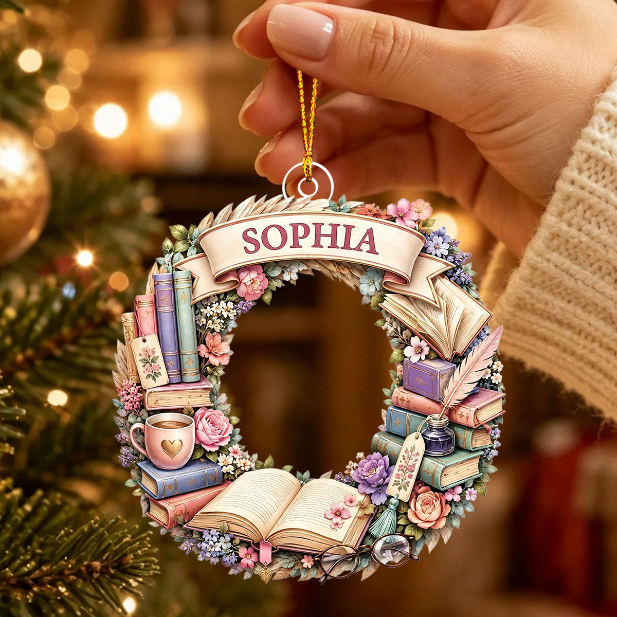 "Reading Is A Journey" – Personalized Christmas Wreath Acrylic Hanging Ornament | Gift For Book Lovers