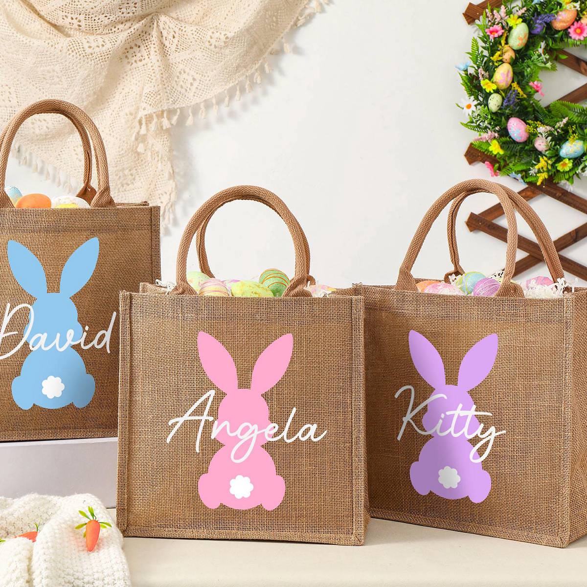 Personalized Easter Bunny Jute bag With Name, Kids Egg Hunt Bags, Easter Basket, Easter Gift Bags