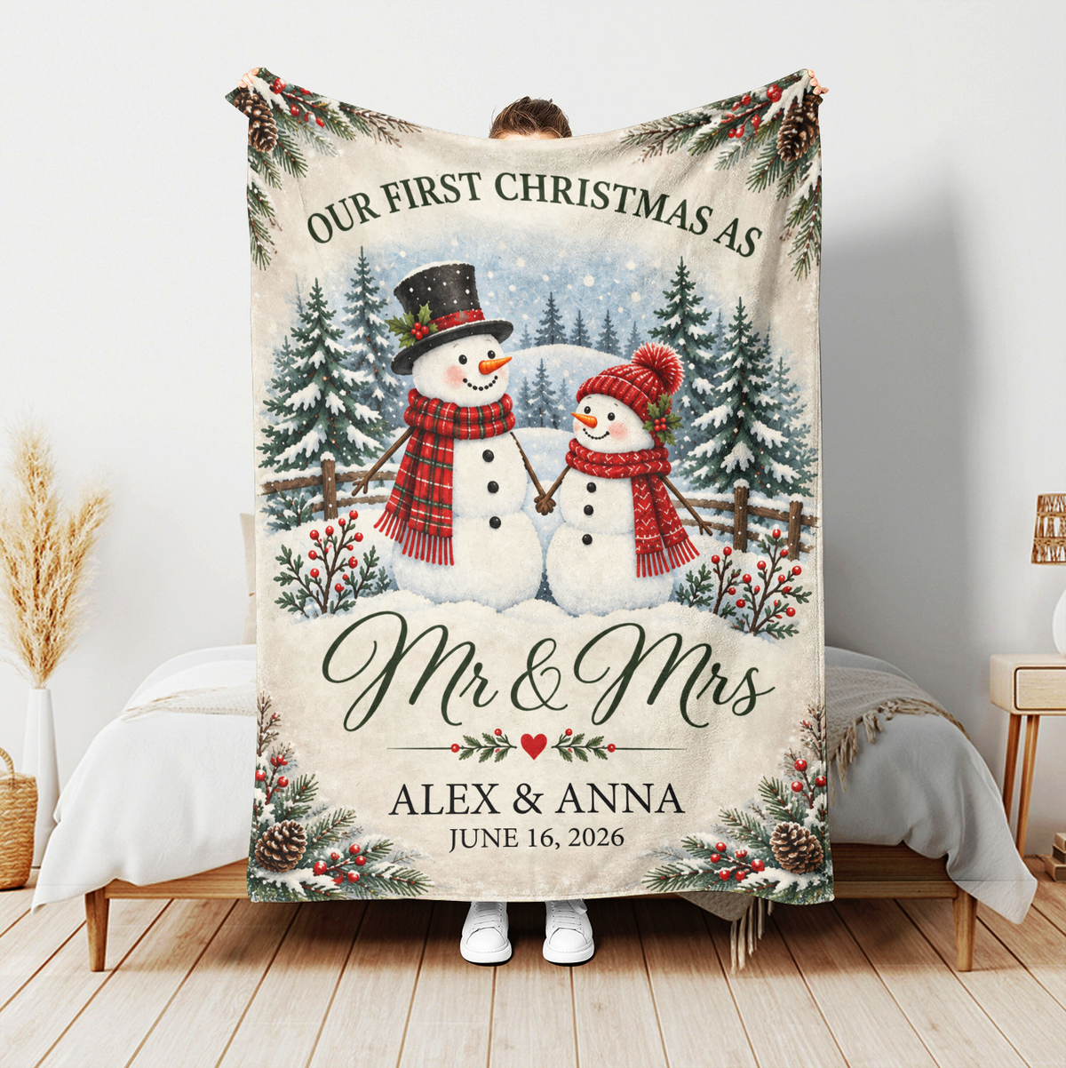 Snowman Couple First Christmas Personalized Blanket – Cozy Fireplace First Christmas Couple Keepsake