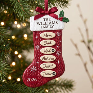 Personalized Red Knit Stocking Family Ornament – Custom Family Name, Year & 10 Names | Acrylic Custom Shape Keepsake