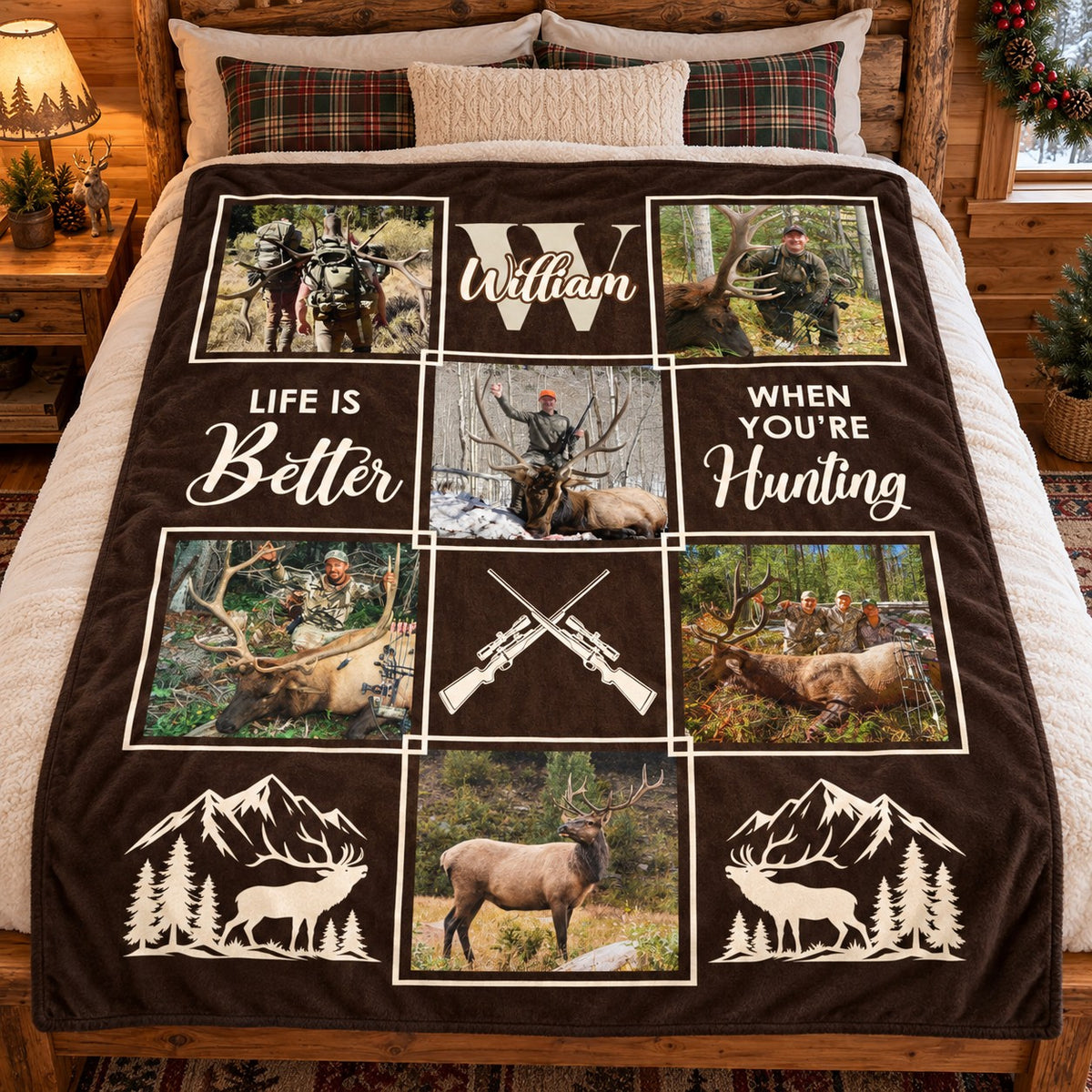 Personalized Elk Hunting Blanket – Custom Elk Hunter Photo Collage, Keepsake Gift or Elk Hunters & Hunting Lovers