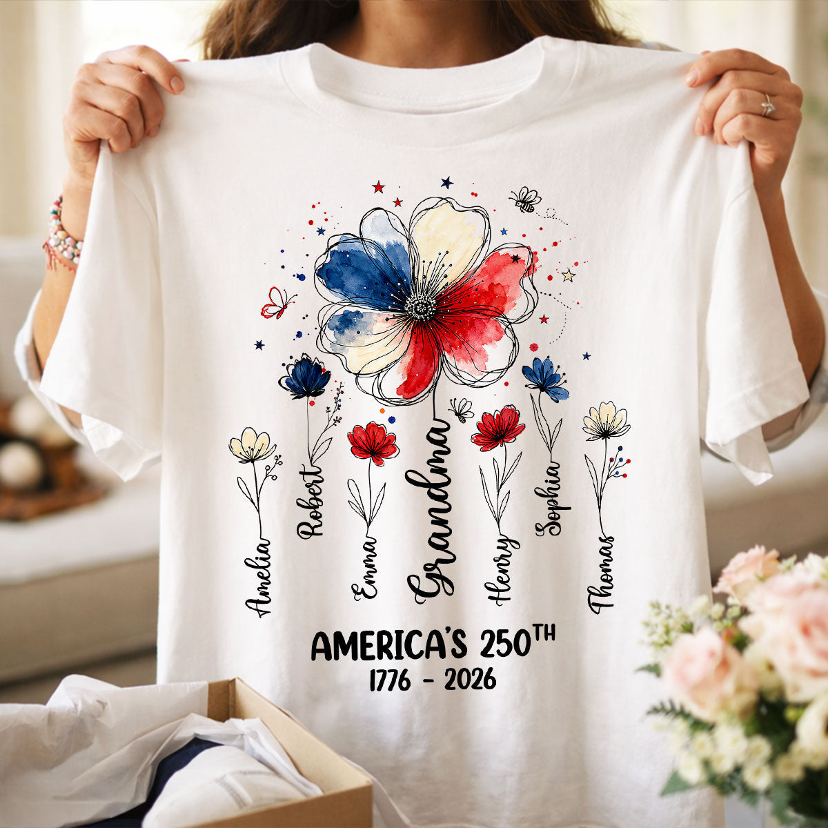 Personalized "Proud Mom & Grandma" Shirt – American 250th Anniversary Flowers | Gift For Mom & Grandma