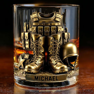 Custom Name 250th US Military Whiskey Glass Gold, Soldier Boots Whiskey Glass