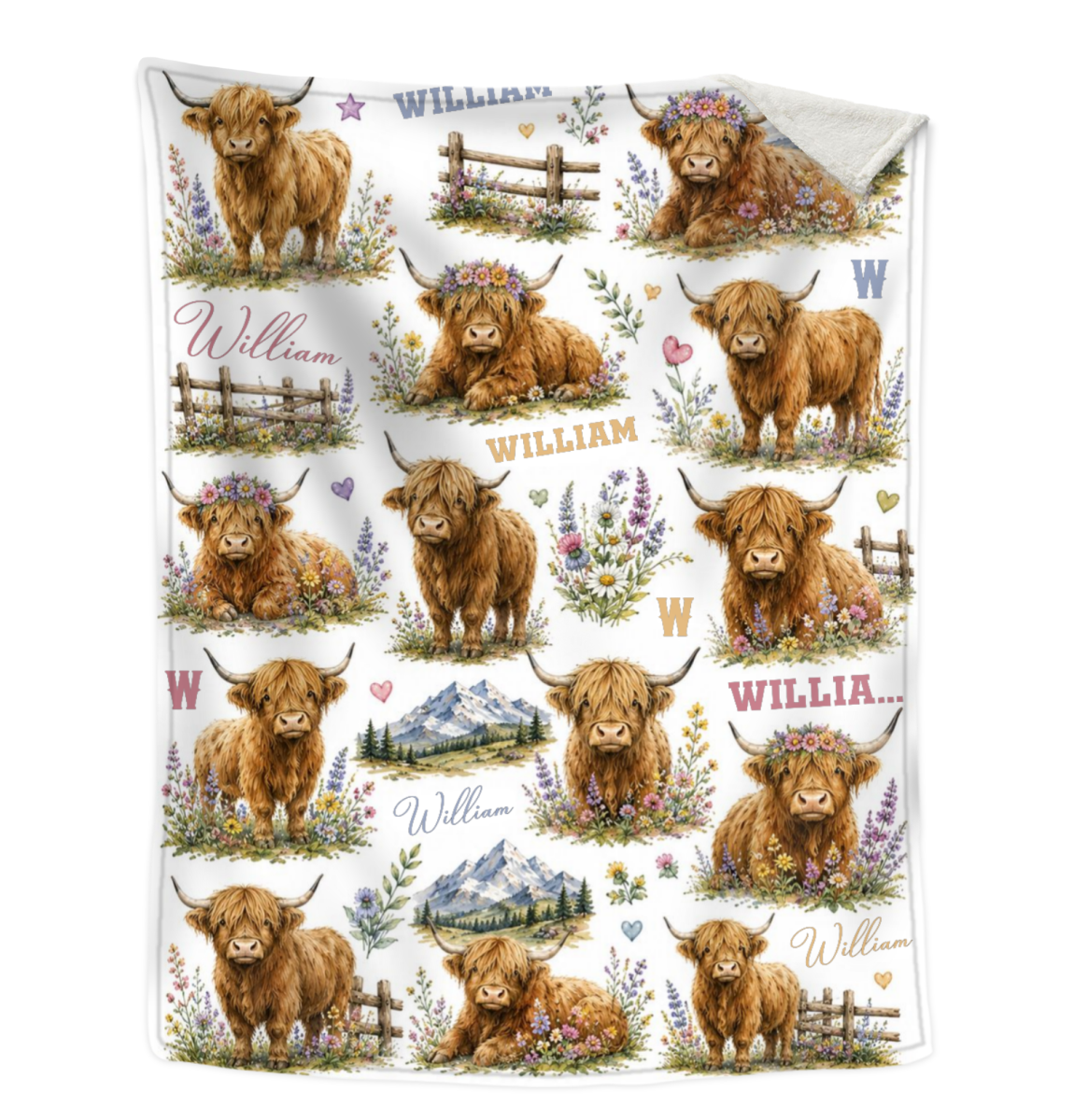 Personalized Highland Cow Baby Blanket – Custom Name Floral Design | Cute Nursery Decor & Baby Shower Gift For Boy Or Girl