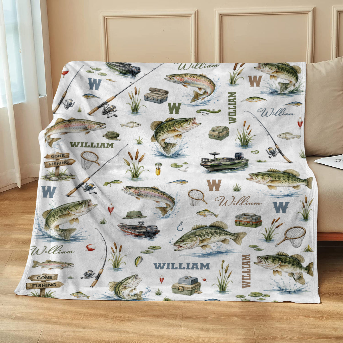Personalized "Gone Fishing" Blanket – Custom Name Throw For Baby Boy & Toddler | Fish Nursery Decor