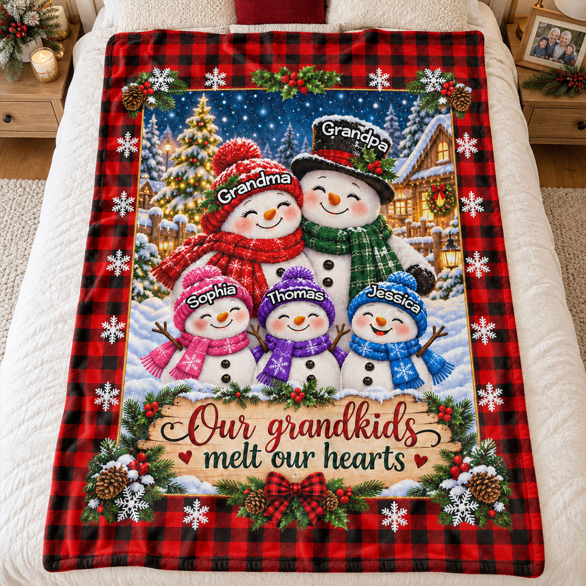 Cute Snowman Grandparents & Grandkids Personalized Fleece Blanket – Christmas Gift For Grandparents