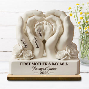 First Mother's Day As A Family Of Three, Personalized Custom 2-Layer Wood Plaque, Gift For Mom