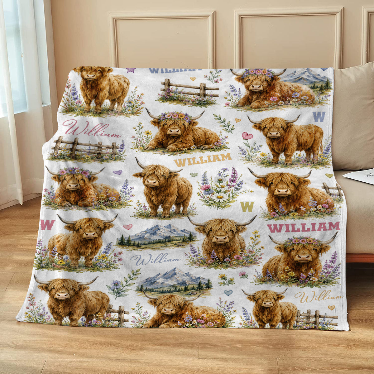 Personalized Highland Cow Baby Blanket – Custom Name Floral Design | Cute Nursery Decor & Baby Shower Gift For Boy Or Girl