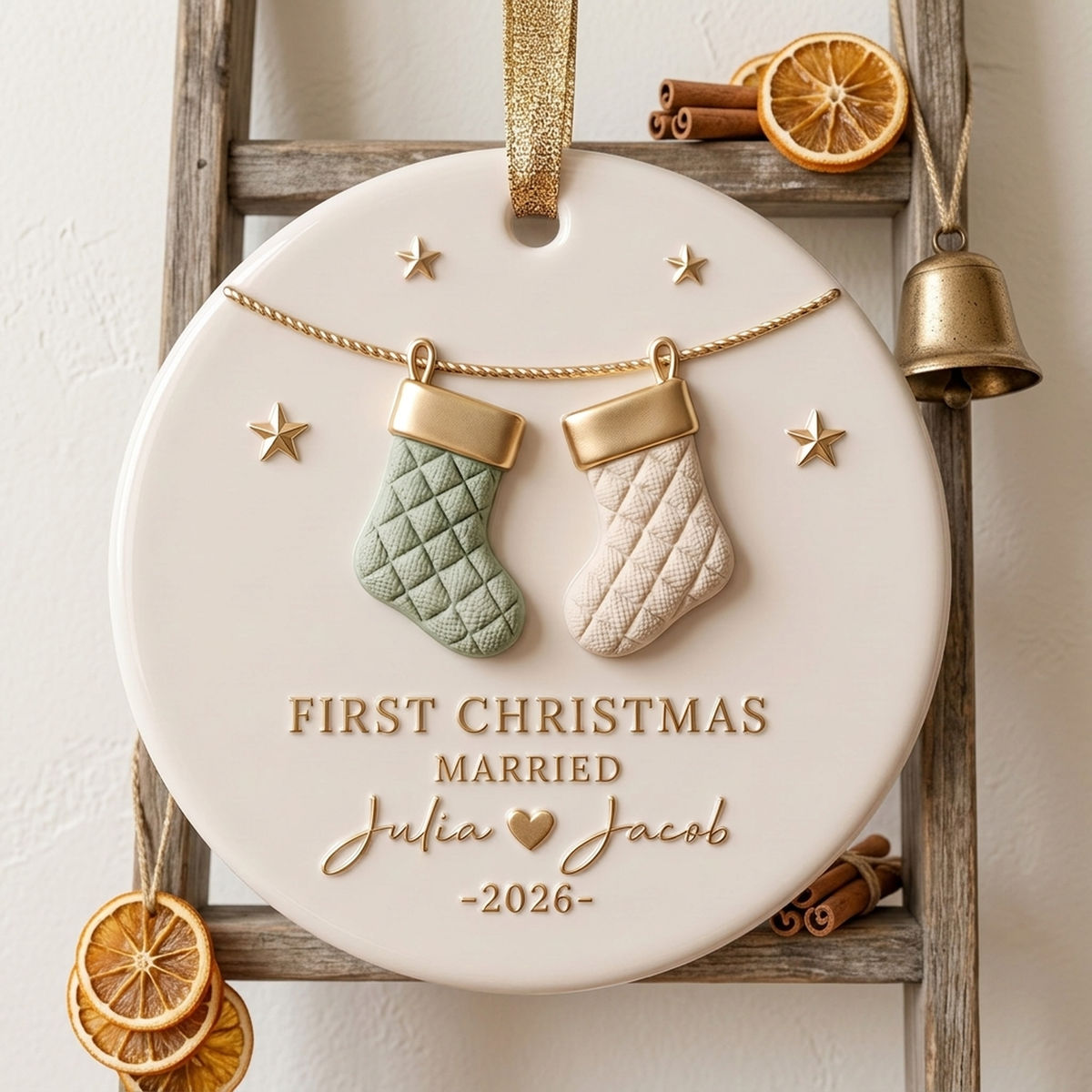 Our First Christmas Married – Personalized Ceramic Ornament | Custom Couple Names & Year Stocking Keepsake For Newlyweds