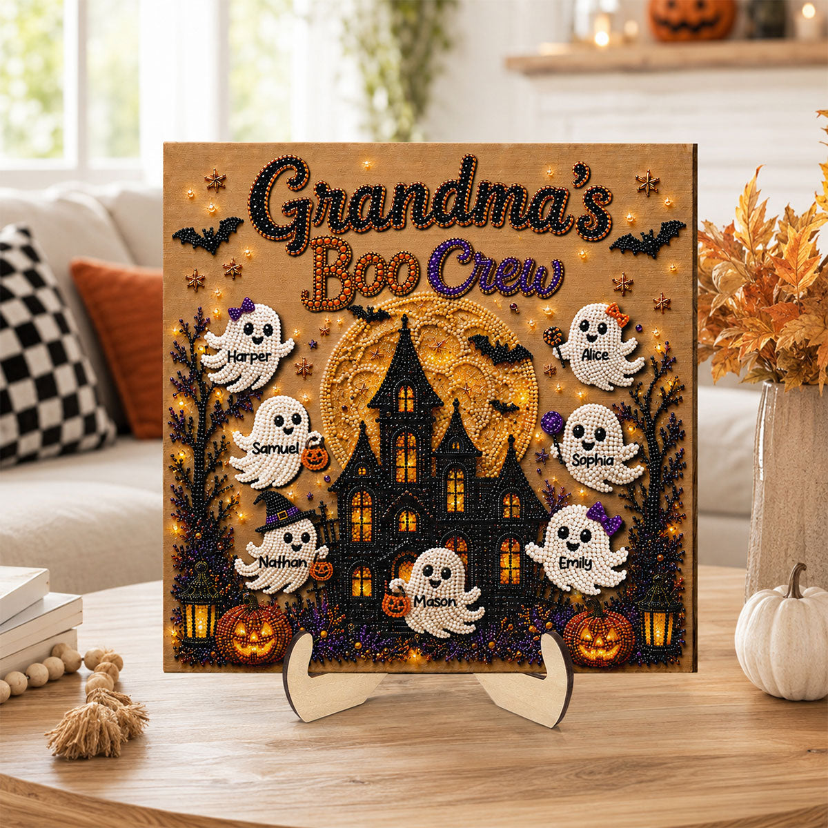 Personalized "Grandma's Boo Crew" Wooden Plaque – Haunted House Faux Diamond Art Halloween Gift
