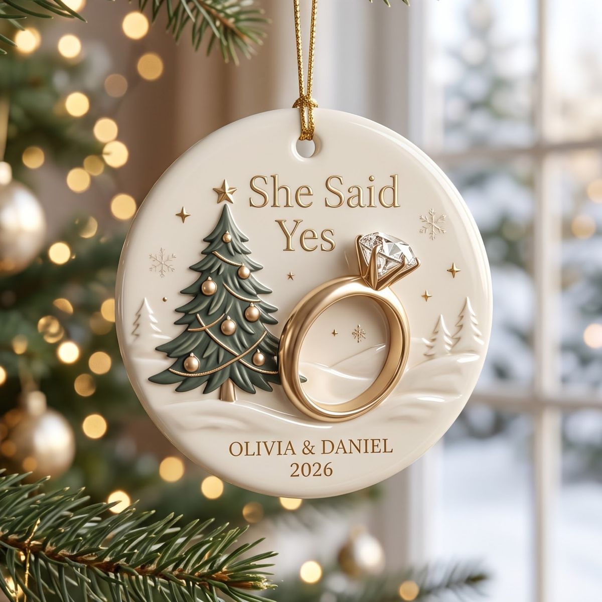 She Said Yes – Personalized Engagement Ceramic Ornament | Custom Couple Names Round Keepsake Gift
