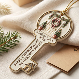 First Christmas In Our New Home – Personalized Key Acrylic Ornament | Custom Names, Address & Year Housewarming Keepsake
