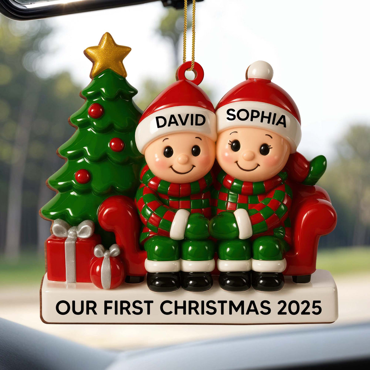 Couple Our First Christmas With Christmas Tree and Gifts, Personalized Wood Ornament