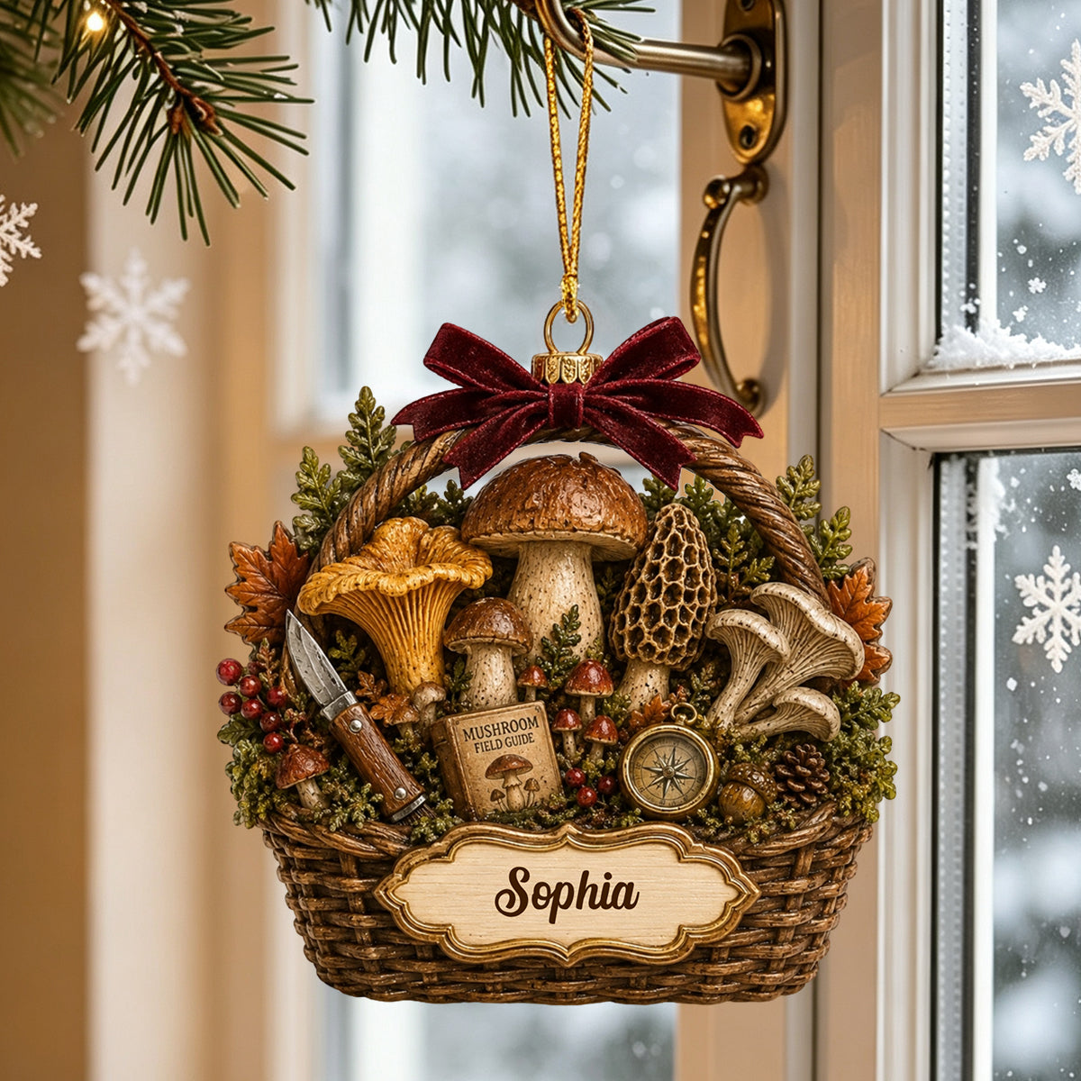 Personalized Vintage Mushroom Foraging Basket Christmas Ornament Gift for Mushroom Forager