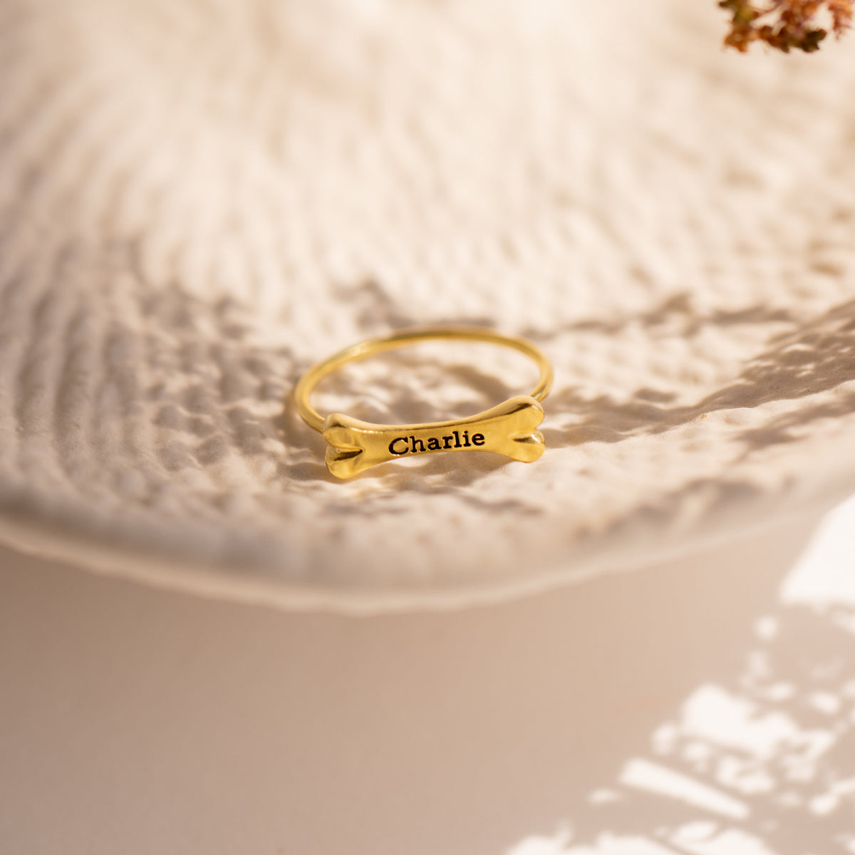 Personalized Dog Bone Charm Ring Pet Name Memorial Ring with Dainty Gemstone