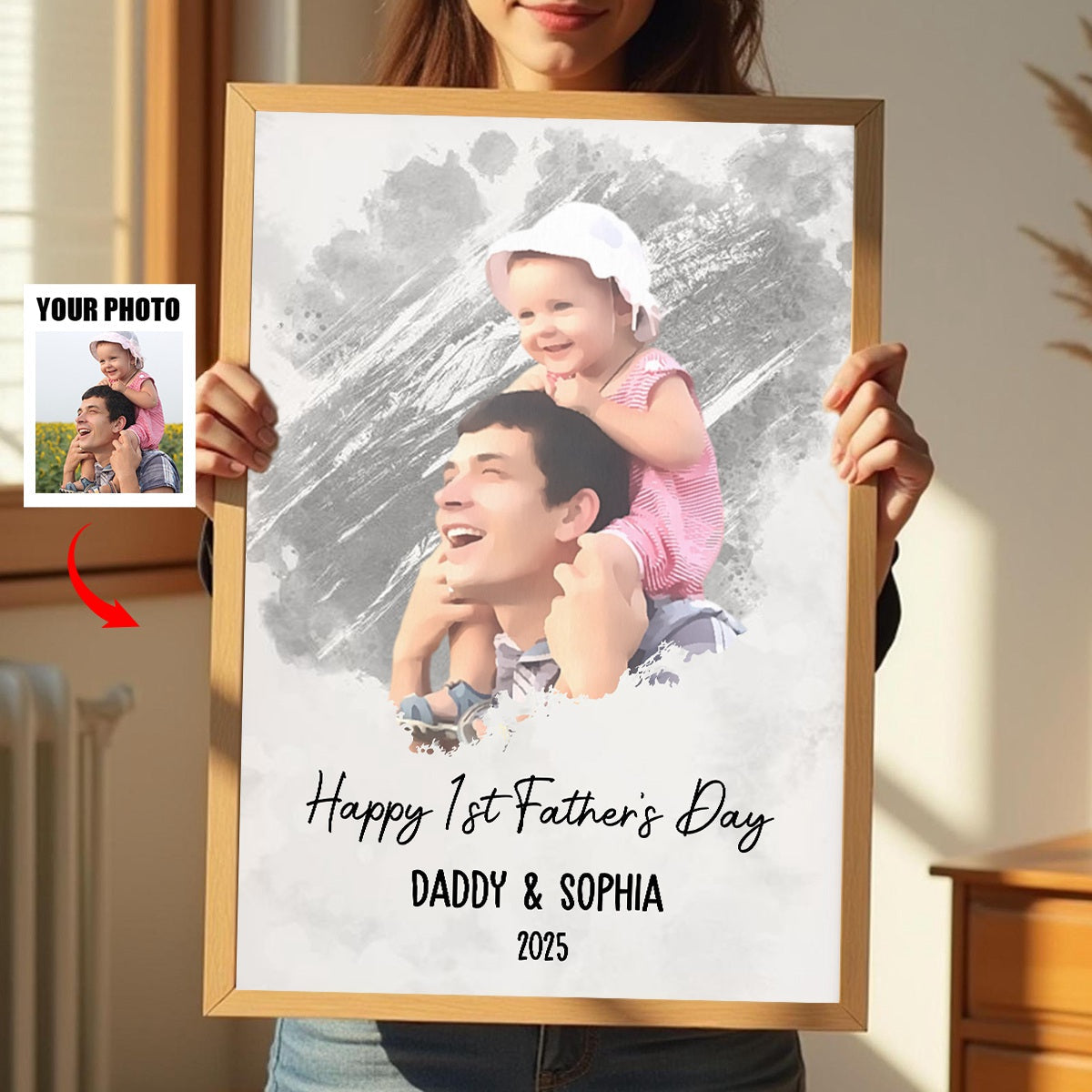 Happy 1st Father's Day - Watercolor Style Personalized Photo Poster/Canvas