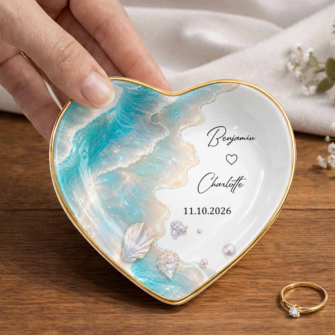 Personalized Ceramic Jewelry Dish – "Our Love Is Like The Ocean Waves" Design | A Romantic Keepsake Gift For Couples