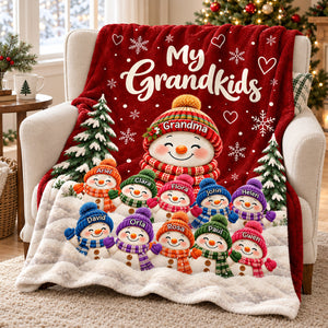 Personalized Grandkids Snowman Christmas Fleece Blanket – Custom Grandchildren’s Names Throw | Holiday Gift For Grandma & Nana