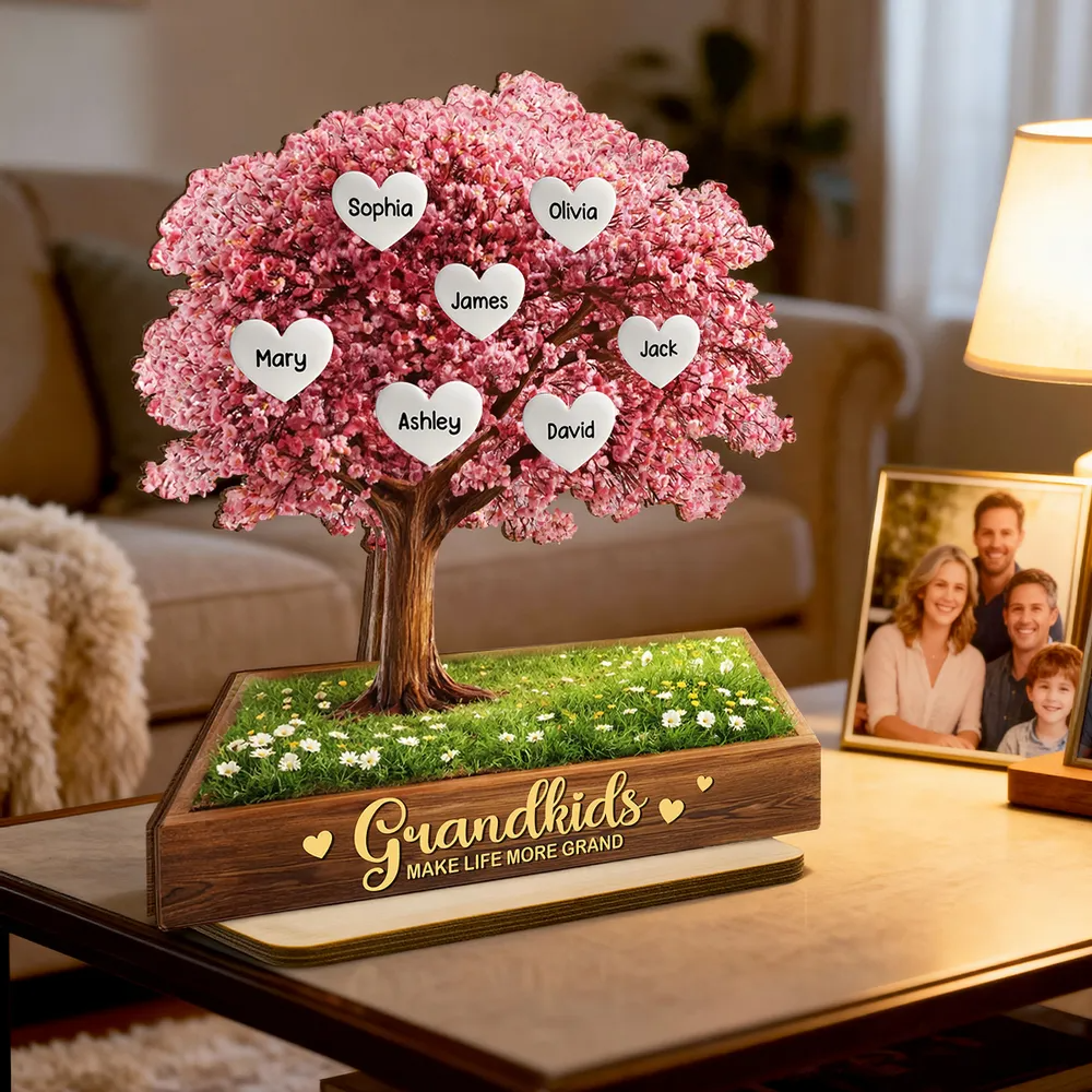 Grandkids Make Life More Grand Family Heart Tree - Personalized Wooden Plaque - Heartfelt Gift for Grandma
