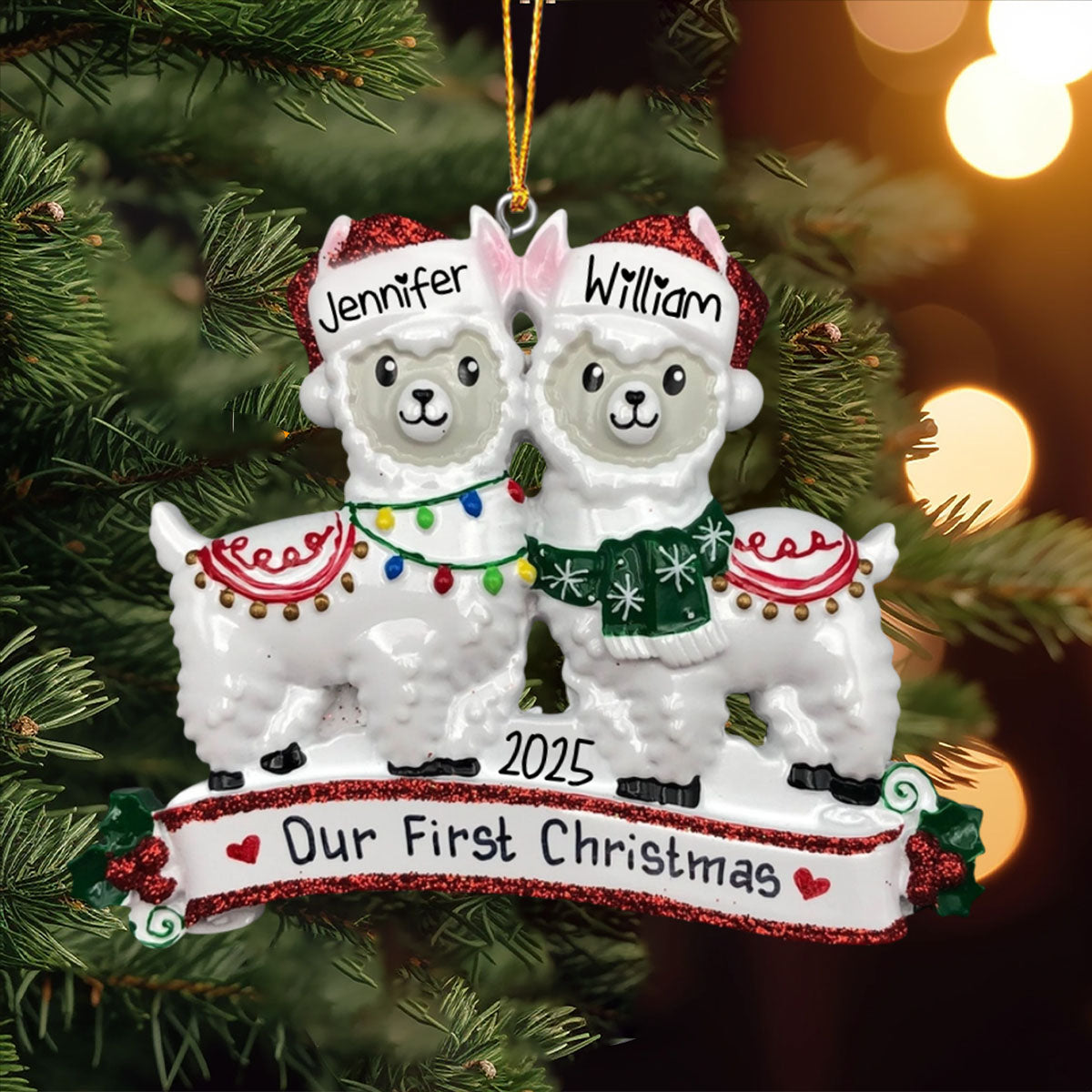 Two Llamas Couples Personalized Christmas Ornament