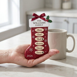 Personalized Red Knit Stocking Family Ornament – Custom Family Name, Year & 10 Names | Acrylic Custom Shape Keepsake