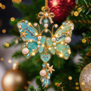 Different wings,same heart - Personalized Sea Glass Butterfly Sisters Christmas Ornament