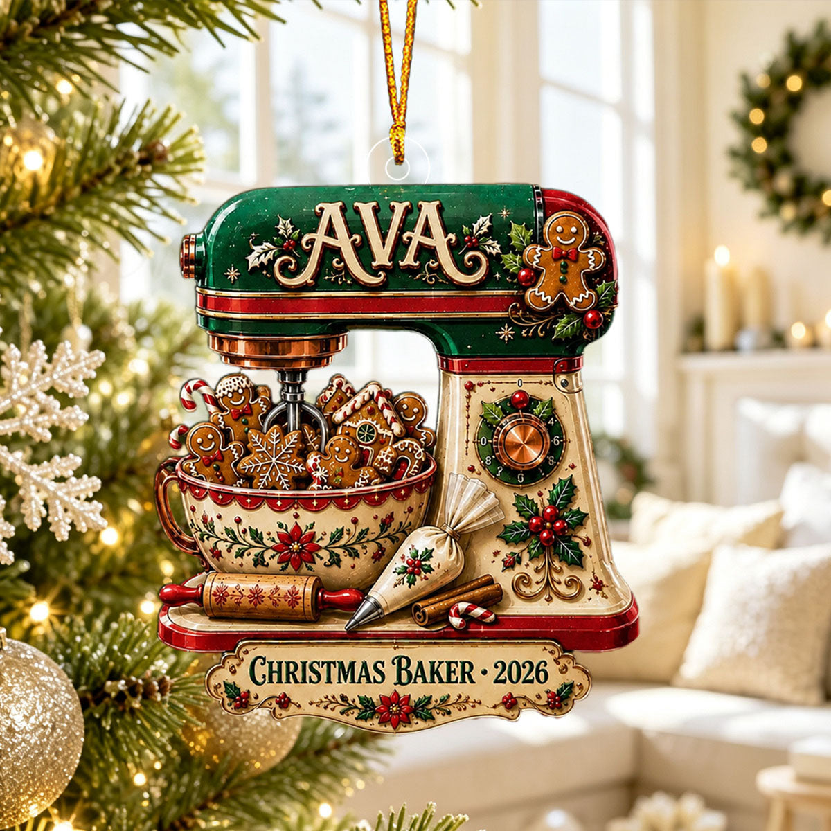 Personalized Christmas Baker Acrylic Ornament – Gingerbread Mixer Holiday Keepsake | Kitchen Decor 2026