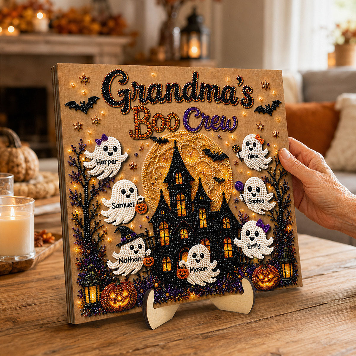 Personalized "Grandma's Boo Crew" Wooden Plaque – Haunted House Faux Diamond Art Halloween Gift