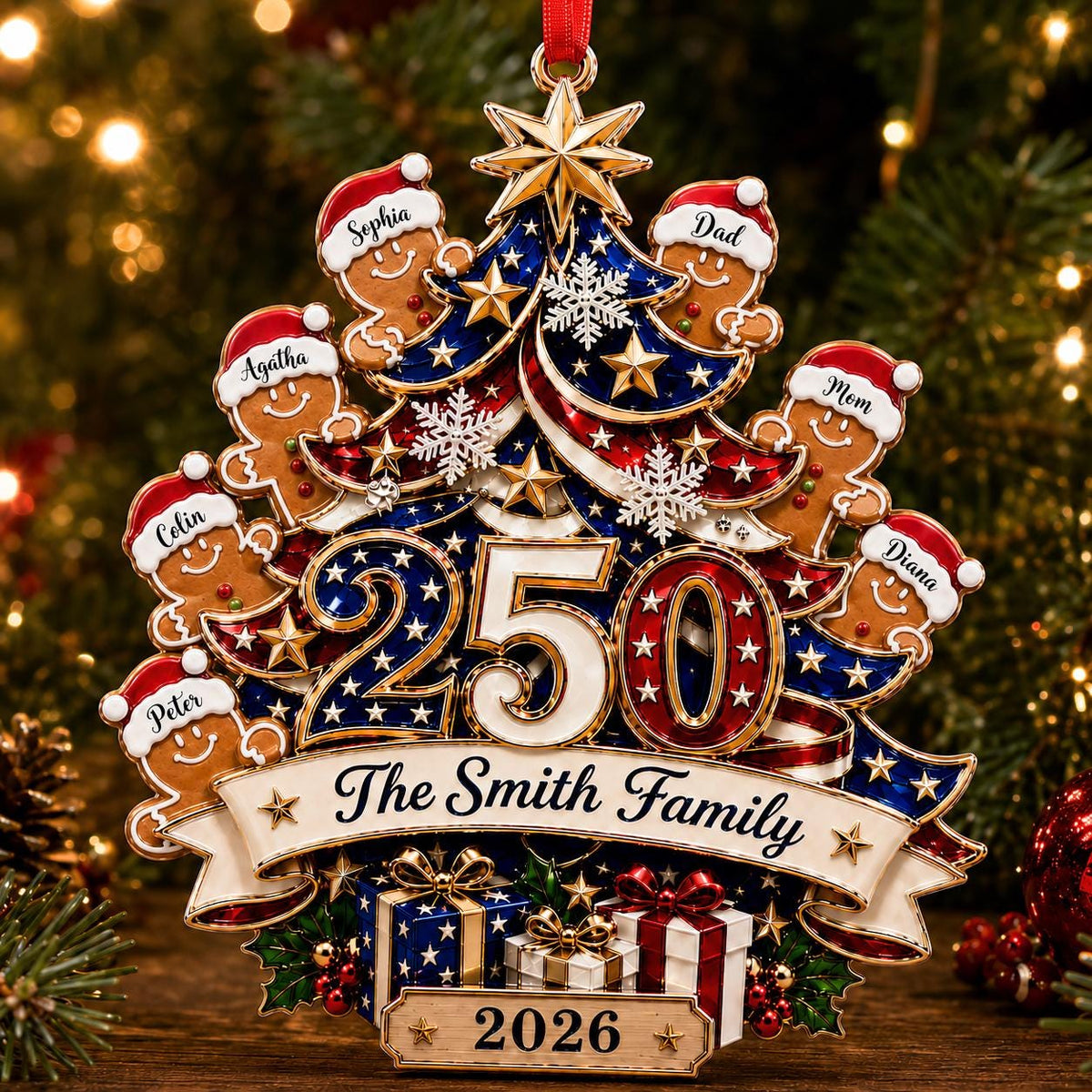 Custom 250th Anniversary Gingerbread Family Acrylic Ornament – Patriotic America 1776-2026 Christmas Tree Decor For Family