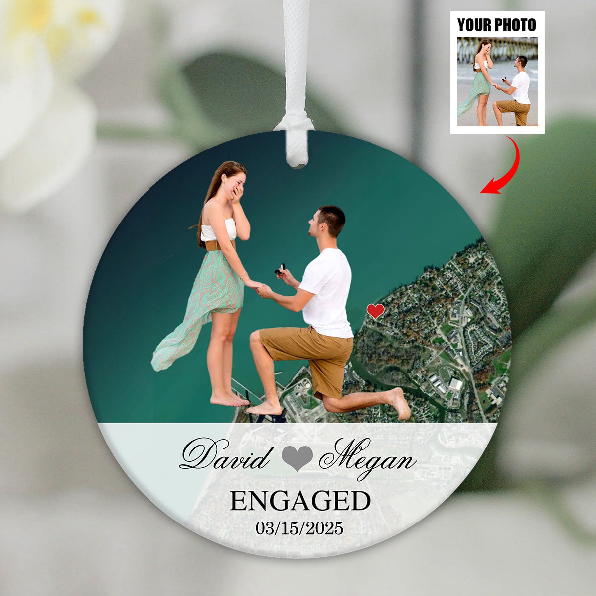 Engagement Ornament - Custom Map & Photo Gift Ceramic Ornament for Couple