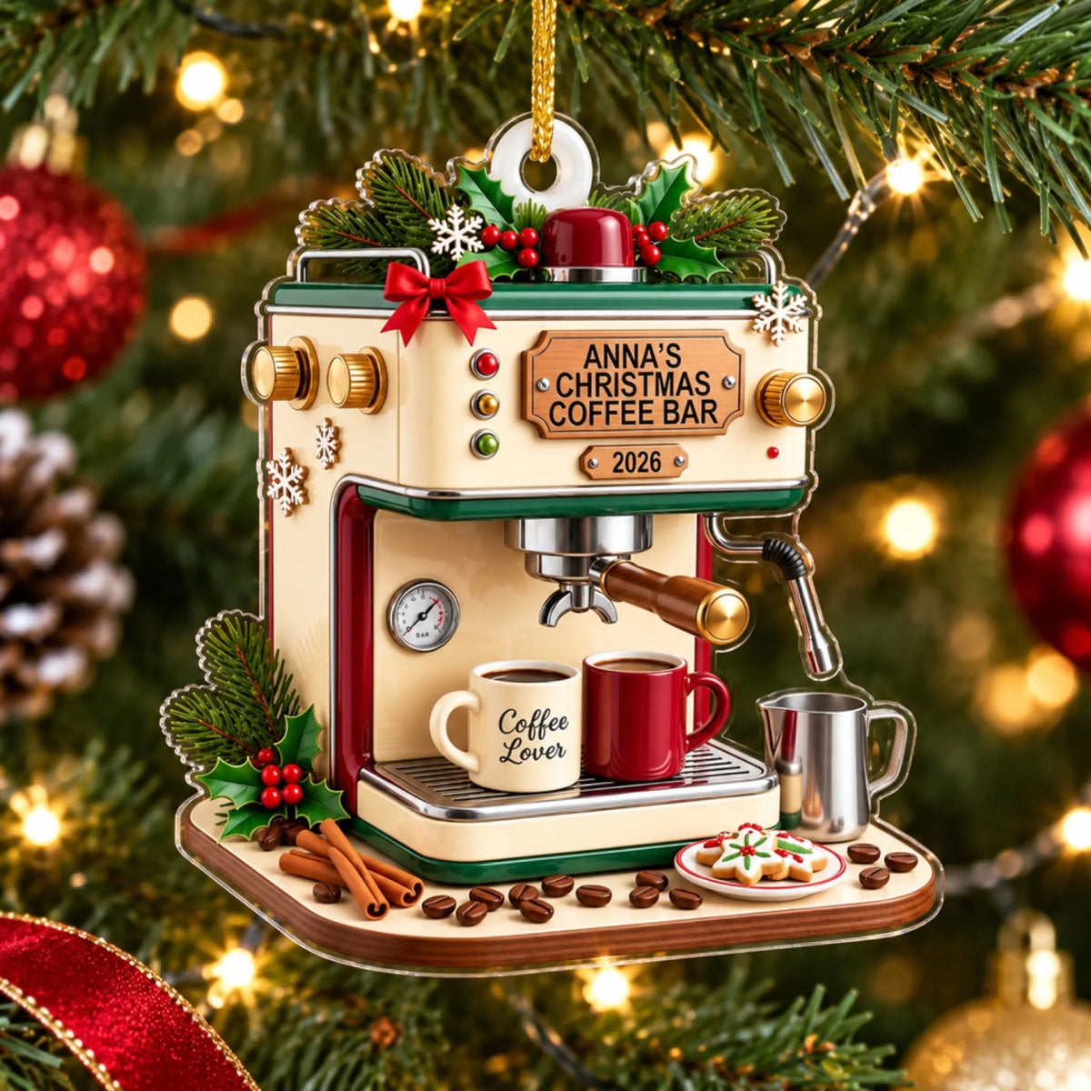 Personalized Espresso Machine Christmas Ornament 2026 – Custom Acrylic Keepsake | Gift For Coffee Lovers & Baristas