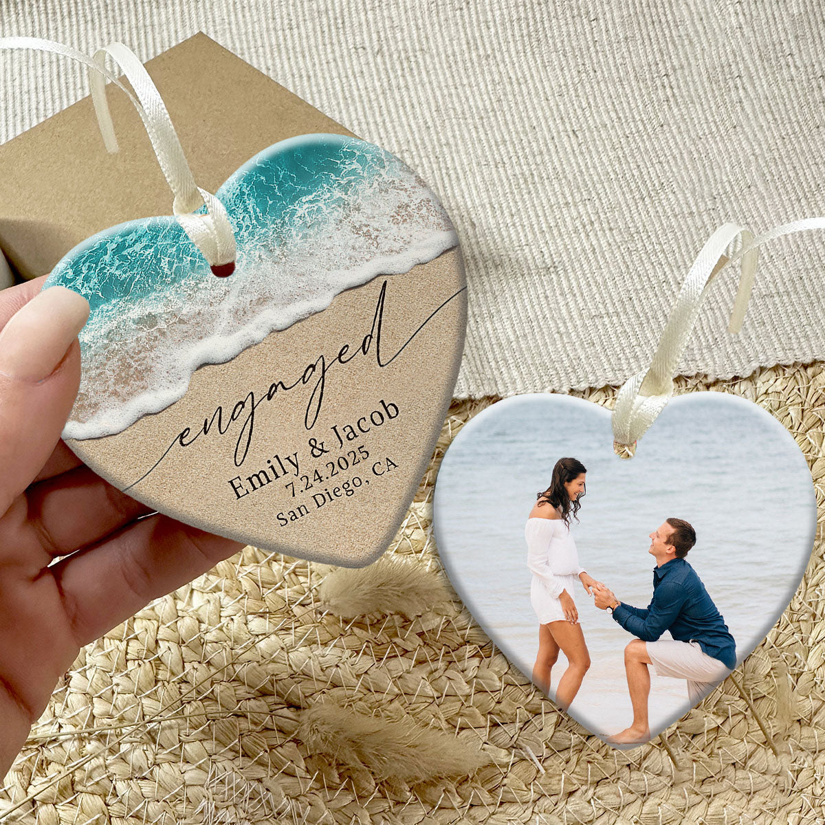 Custom Photo Beach Engaged Ornament,Personalized Engagement Gifts For Newly Engaged Couple