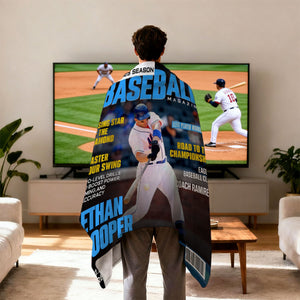 Personalized Baseball Magazine Cover Blanket, Baseball Player Gift