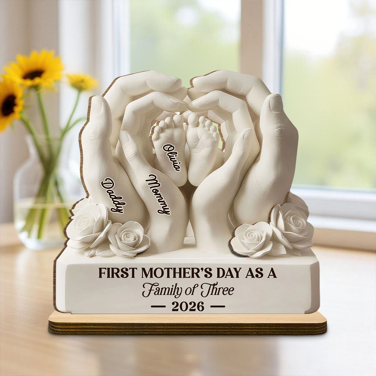 First Mother's Day As A Family Of Three, Personalized Custom 2-Layer Wood Plaque, Gift For Mom