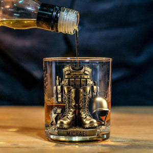 Custom Name 250th US Military Whiskey Glass Gold, Soldier Boots Whiskey Glass