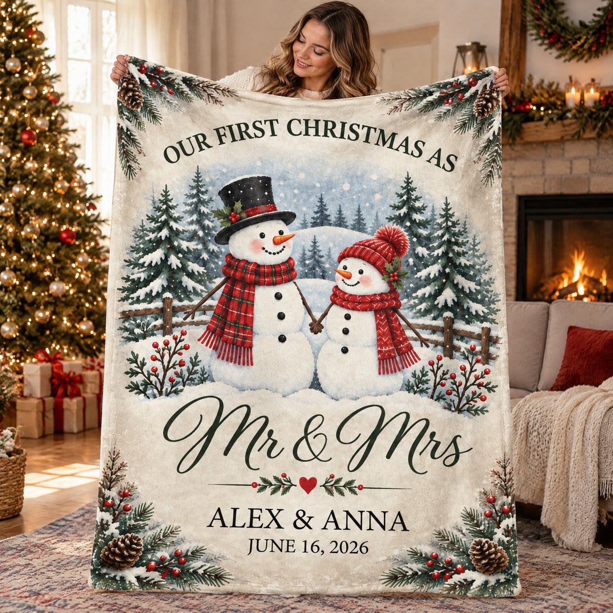 Snowman Couple First Christmas Personalized Blanket – Cozy Fireplace First Christmas Couple Keepsake