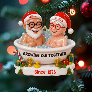 Growing Old Together With Santa Hats And bath,Custom Acrylic Ornament,Personalized Gift For Couples And Spouses