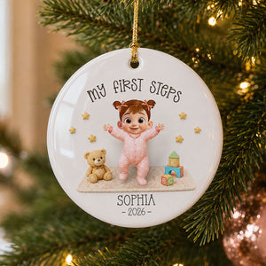 "Baby's First Steps – Learned To Walk" – Personalized Ceramic Ornament | Milestone Christmas Keepsake