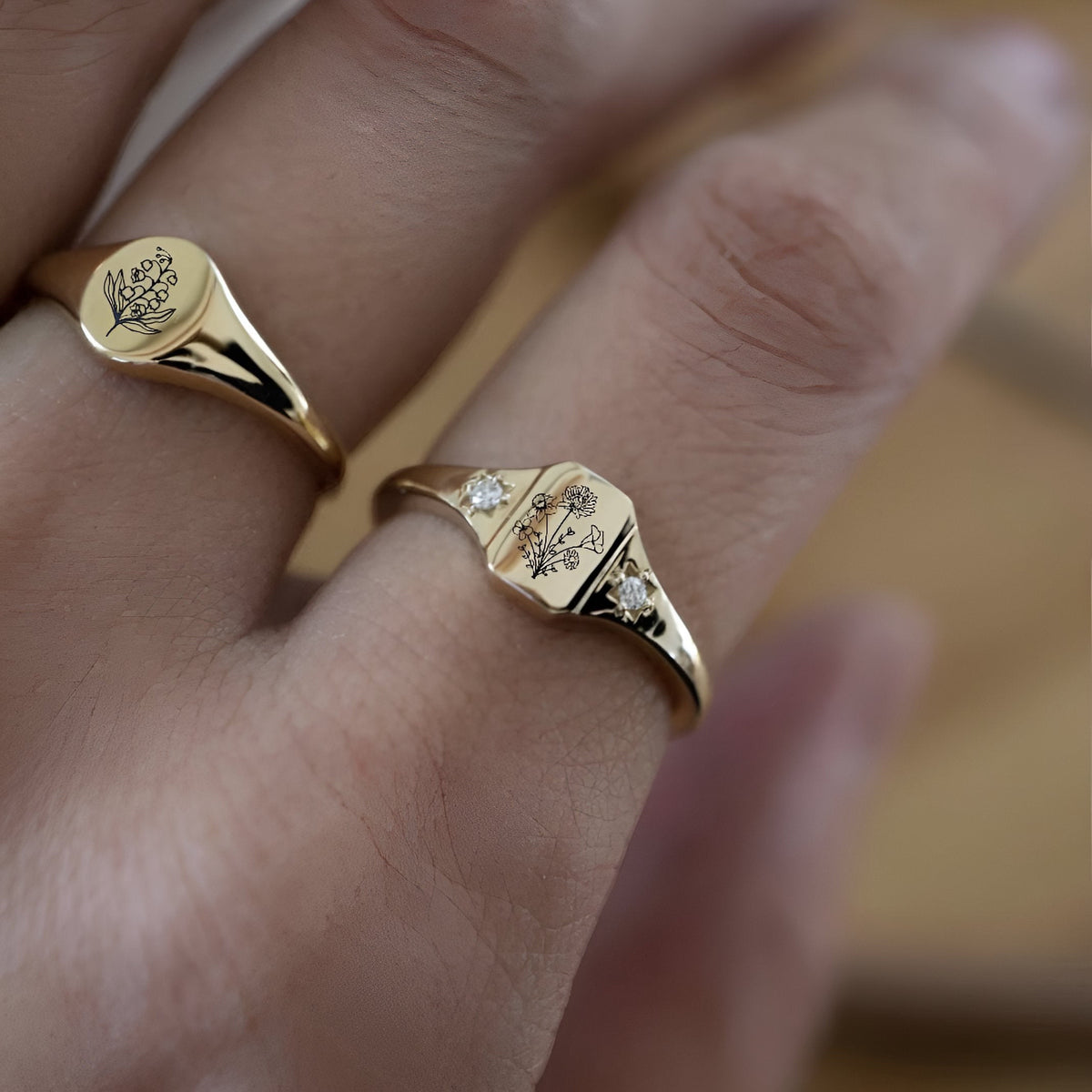 Personalized Birth flower gold ring, Statement flower rings for women, Minimalist ring