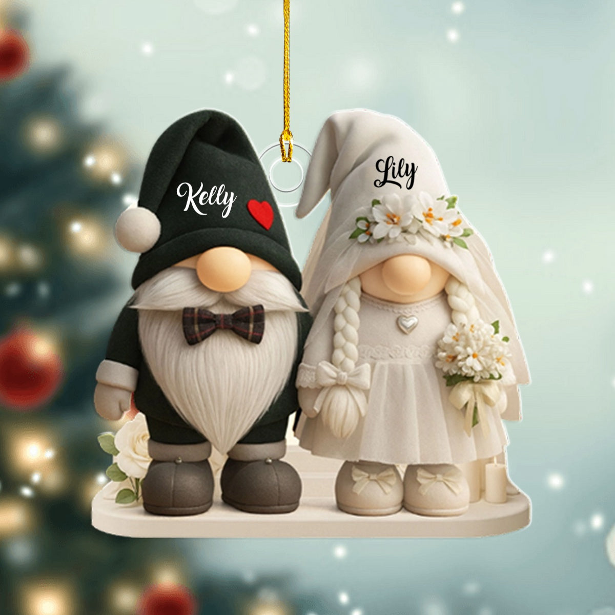 Timeless Bond, Groom And Bride With Hearts And Flowers, Personalized Acrylic Ornament, Gift For Couples