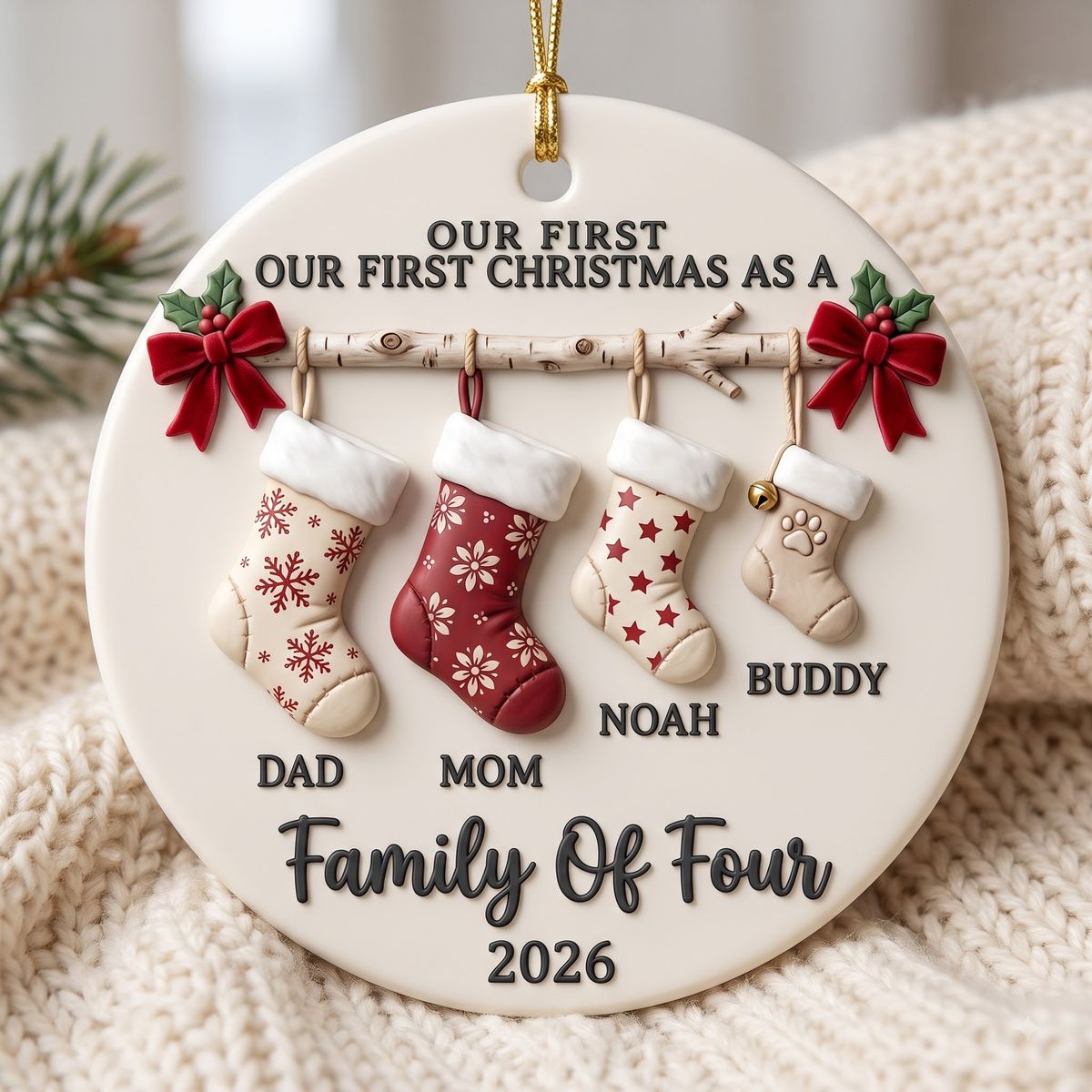 Personalized Family Of 4 Christmas Ceramic Ornament – Custom Names & Pet Stocking Keepsake | First Christmas Gift For Parents & Kids