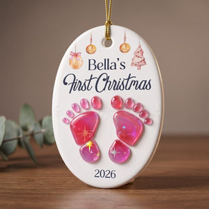 Baby’s First Christmas – Personalized Photo Ceramic Ornament | Custom Name, Year & Footprint Keepsake For Newborns & New Parents