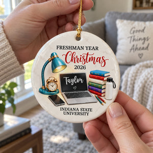 Freshman Year Christmas Study Desk – Personalized Ceramic Ornament – College Student Christmas Gift, First Year Keepsake