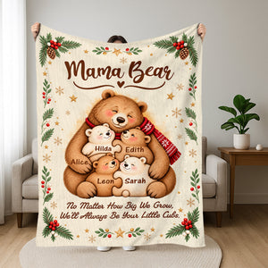 Personalized Mama Bear Christmas Blanket – Custom Kids' Names Bear Family Fleece Blanket, Christmas Gift For Mom From Her Children