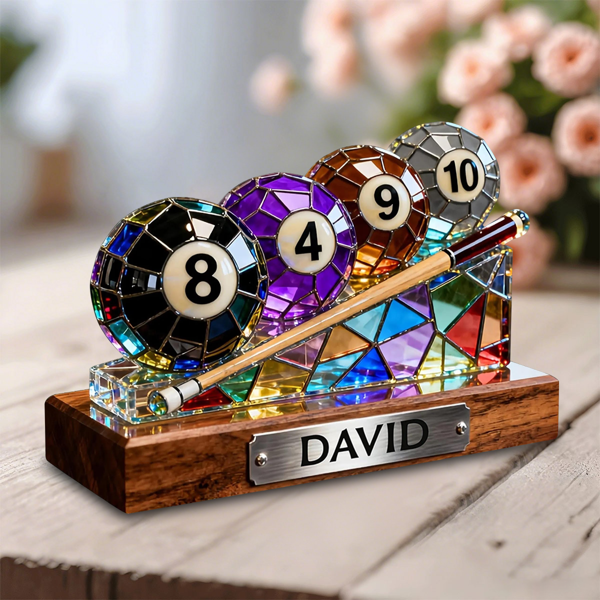 Personalized Billiards Plaque – Stained Glass Effect Look for Pool Player, Cue Sports Lover