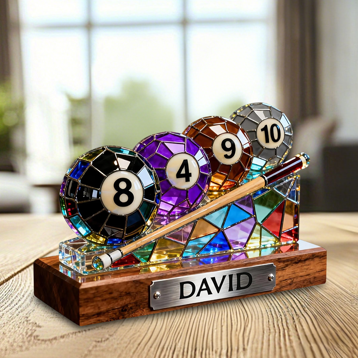Personalized Billiards Plaque – Stained Glass Effect Look for Pool Player, Cue Sports Lover